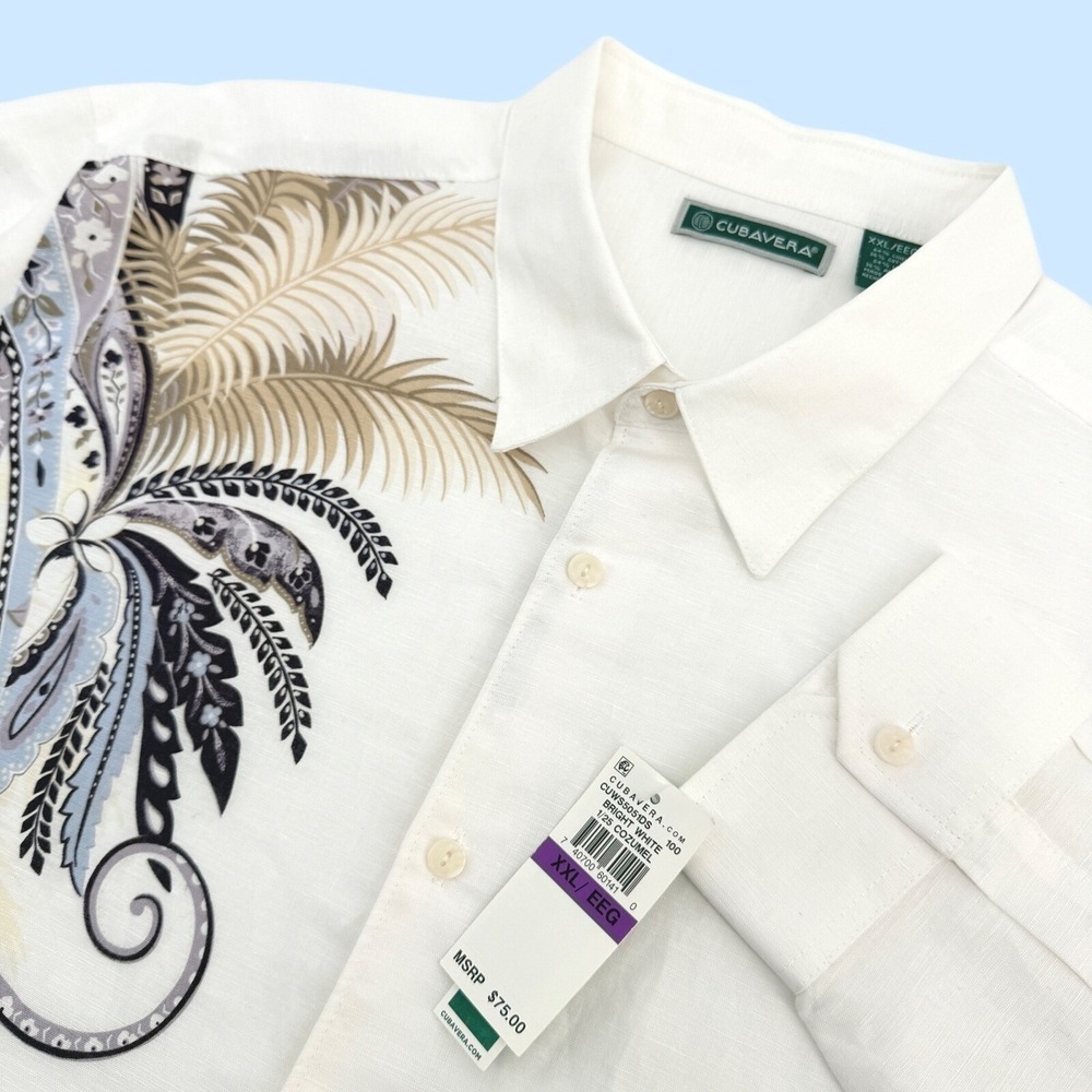 Cubavera Shirt Mens XXL White Linen Blend Long Sleeve Paisley Palm Tropical NEW